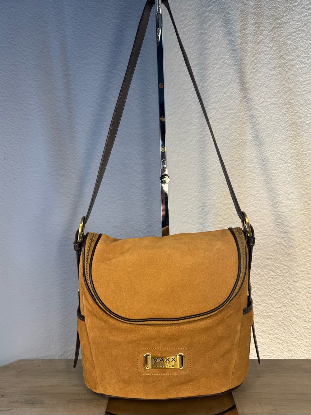 MAXX New York Signature Camel Suede Leather Crossbody Paisley Lining Boho